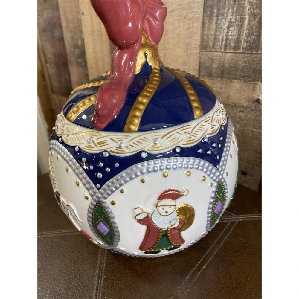 JCPenney Christmas Cookie Jar With Bow Top Christmas Trees Angels Gold Trim Vtg